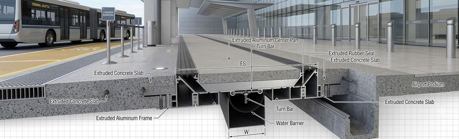 Cutaway of a Dseal SeismoGuard expansion joint system at an airport podium — extruded aluminium centre pan, turn bar, rubber seal and water barrier